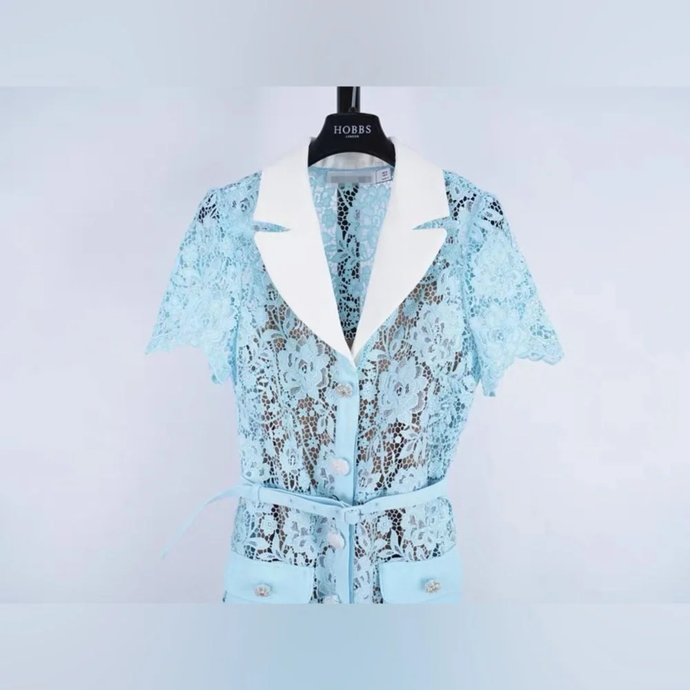 Self-Portrait Blue Lace Embellished Buttons Belted Mini Dress UK8/US4 NWOT - Picture 4 of 11